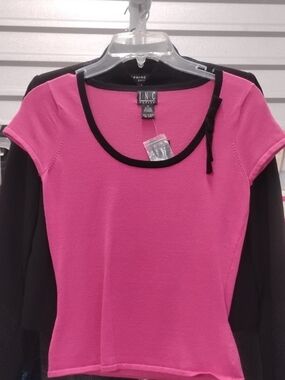 INC International Concepts Pink Scoop Neck Knit Top with Black Trim